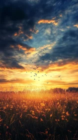 Sunset meadow ignites beneath a sky of burning feathers.