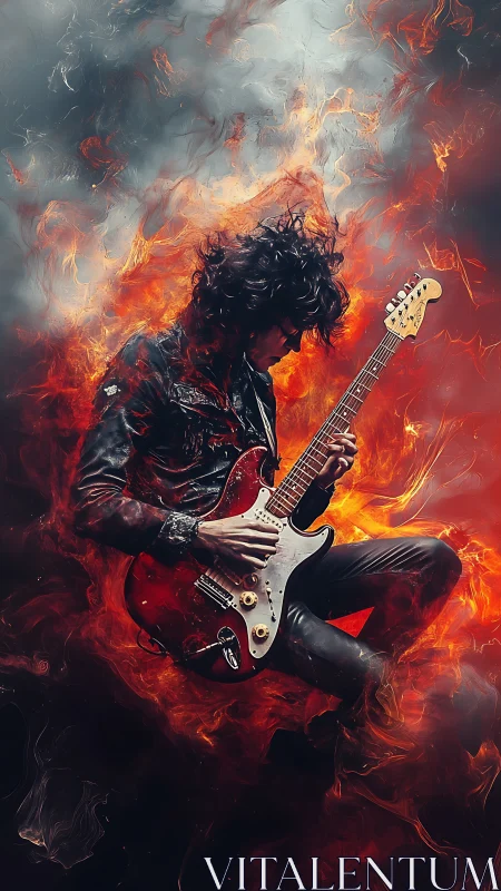 Inferno Guitarist: Rock Virtuoso Engulfed in Flame.