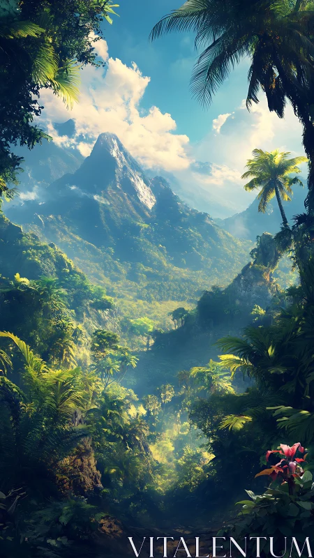 Algorithmically rendered tropical massif under volumetric light.