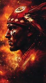 Warrior profile burns against vivid orange ember storm