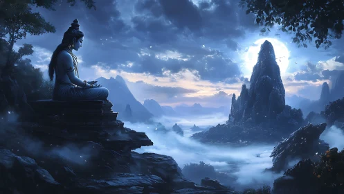 Meditating deity overlooks moonlit fogbound mountain valley.