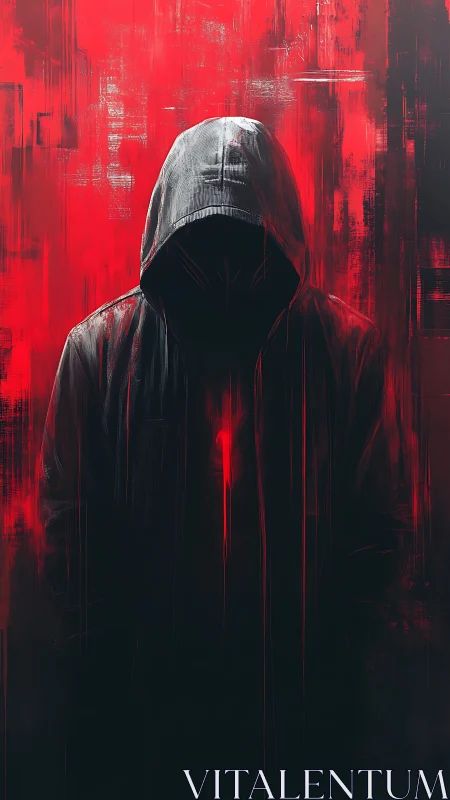Shadowed figure in a hooded coat stands against vivid red light