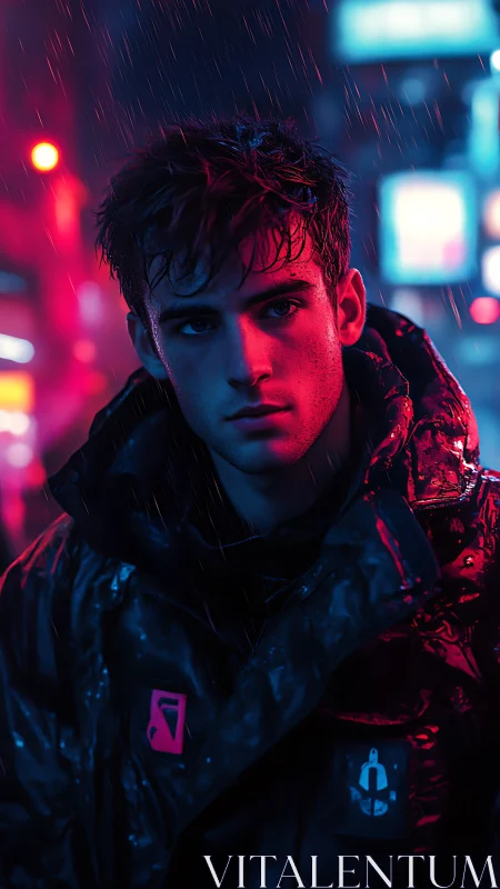 Cyberpunk youth stands under neon rain in moody city night.