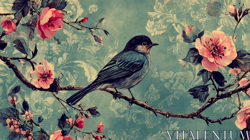 Blue songbird perches amid blooming branches, vintage teal.