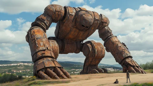 Colossal rusted mech looms over quiet rural landscape.