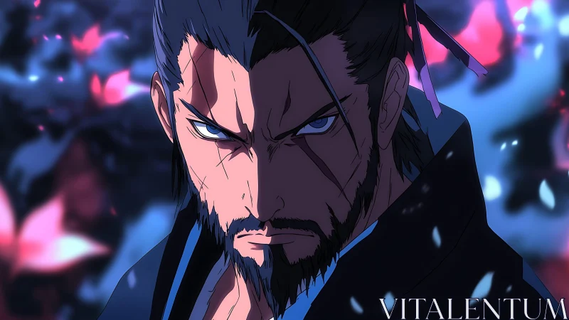 Cinematic anime warrior portrait with dynamic rim lighting.