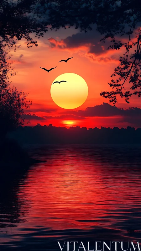 Radiant crimson sunset over tranquil lake in digital realism