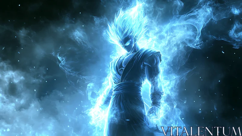 Radiant anime warrior rising in swirling electric blue light.