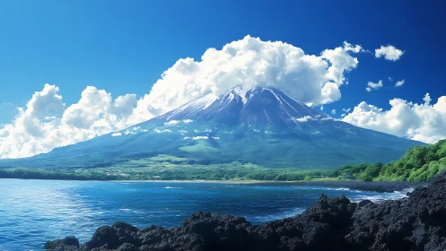 Sunlit mountain and tranquil sea wrapped in bright clouds.