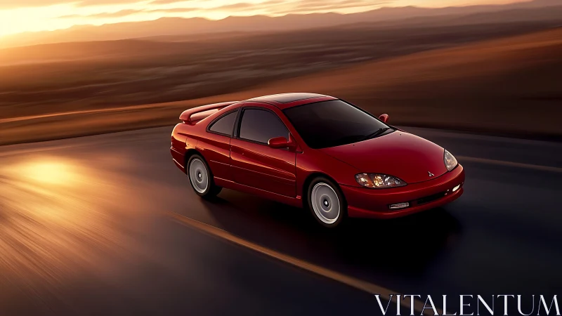 Crimson coupe chases molten sunset across empty highway.