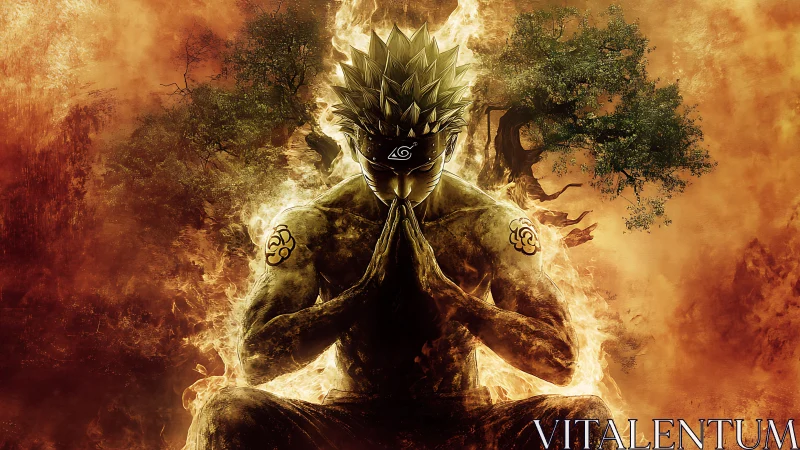 Fiery meditating ninja figure in glowing forest aura.