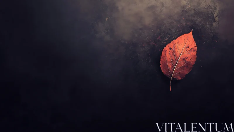 Single dried leaf on dark textured background surface.