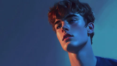 Chromatic cross-light portrait with blue-orange facial modeling.