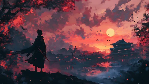 Silhouetted swordsman observing distant city at sunset.