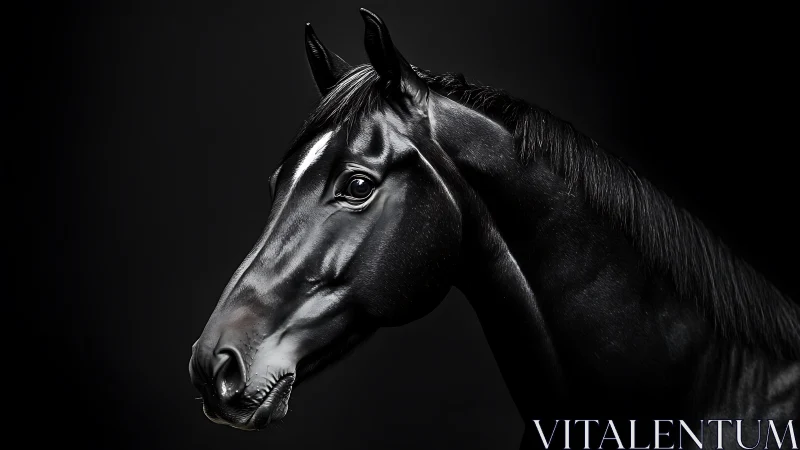 Midnight stallion carved from light and velvet shadow.