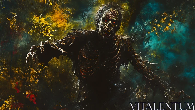 Haunting forest skeleton emerges with eerie glowing eyes.