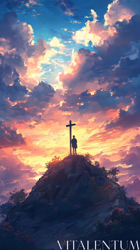 Silhouetted figure stands by hillside cross under vivid sunset