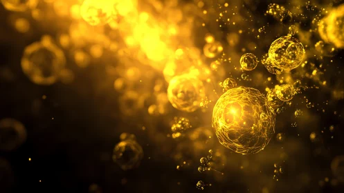 Glowing Golden Cells in Abstract Digital Art Style.