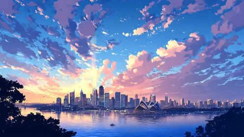 Harbor city skyline under radiant pastel sunset clouds.