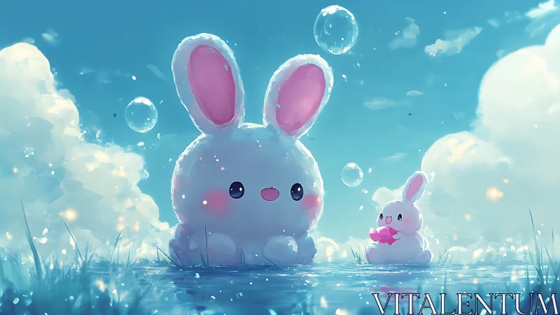 Two fluffy cartoon bunnies sit in shallow reflective water