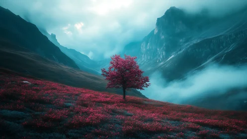 Lone pink tree glowing gently in a misty mountain valley.