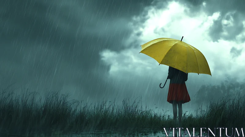 Person stands with yellow umbrella in heavy rain at dusk