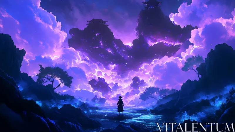 Silhouette stands before luminous clouds and distant structures