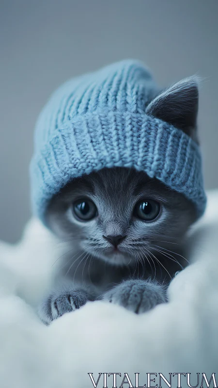 Gray kitten wearing blue knit hat in snow.