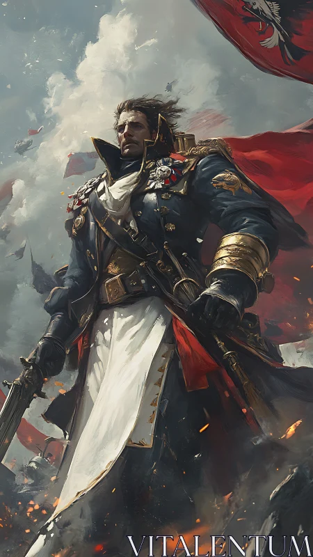 Heroic military commander in stormlit battlefield digital painting.