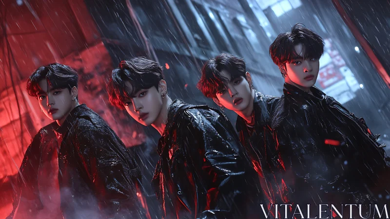 Four youths in black coats standing in neon lit rainy alley.