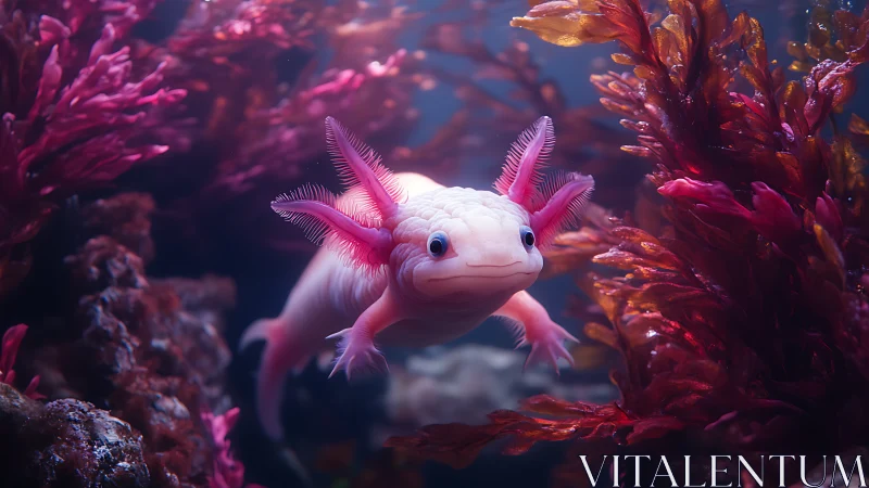 Pink axolotl swimming among dense red aquatic plants.
