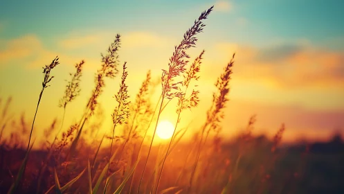 Sunlit tall grasses in foreground against warm sky at dusk.