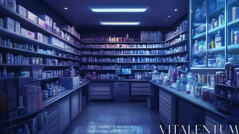 Organized pharmacy interior under cool blue lighting.