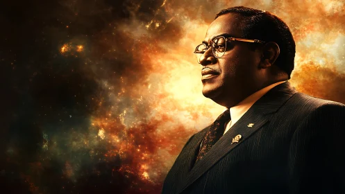 Cinematic male portrait against high dynamic range nebula field