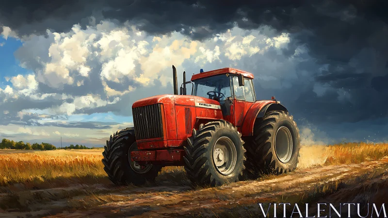 Red farm tractor drives through harvested field under clouds