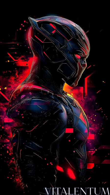 Cybernetic panther exosuit under neon thermal backlighting.