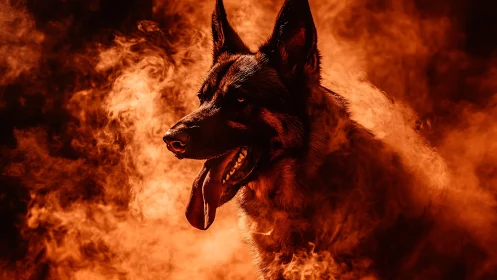 German shepherd profile in dense red smoke clouds.
