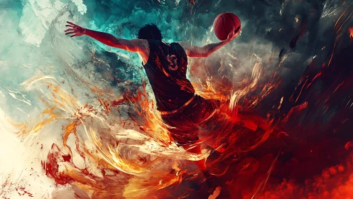 Dynamic basketball dunk amid abstract fire and ice vortex