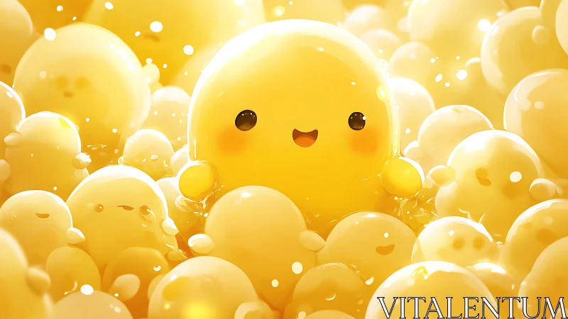 Glowing yellow blob characters smile in a dreamy light bath.