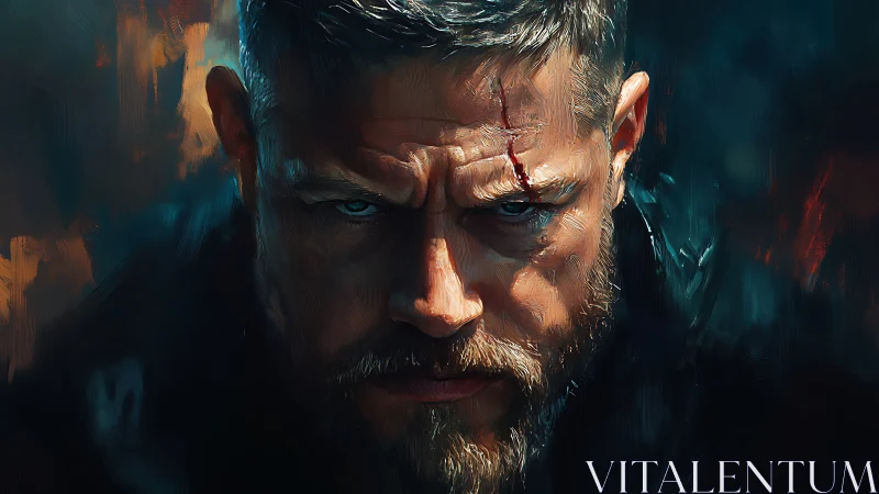 Scarred warrior portrait under smoldering cinematic light.