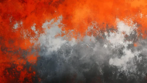 Bold abstract painting with fiery orange and smoky gray textures.