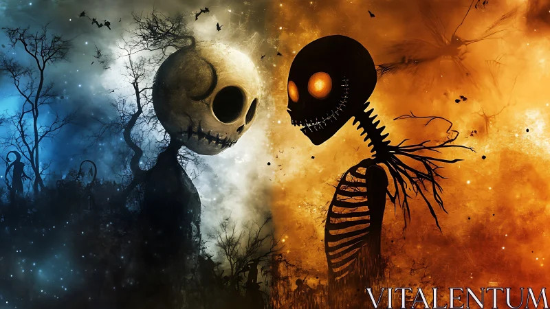 Two skeletal figures confront each other in split colors