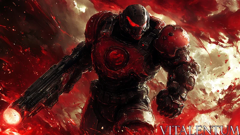Crimson armored space warrior strides boldly through chaos