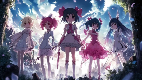 Five magical girls confront a ruined city under radiant sky