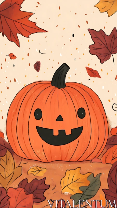 Smiling jack o&rsquo;lantern amid dynamically drifting autumn leaves.