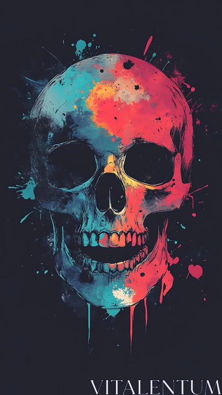 Vibrant neon skull portrait merges decay with glowing color