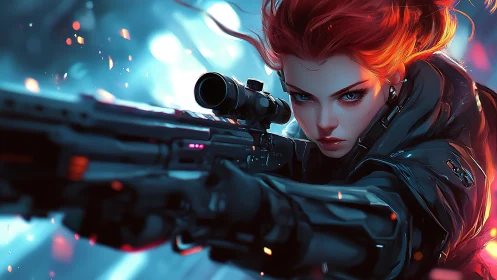 Cybernetic sniper locks target in neon-saturated depth of field