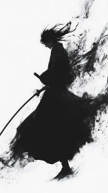 Silhouetted samurai with katana in sweeping ink motion.