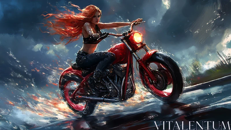 Red motorcycle rider on wet road under stormy sky at speed.