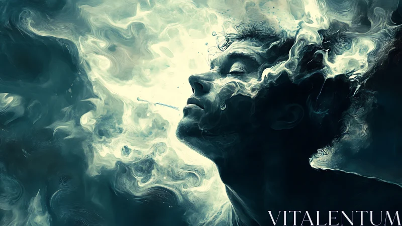 Ethereal male profile dissolving into swirling vapor forms.